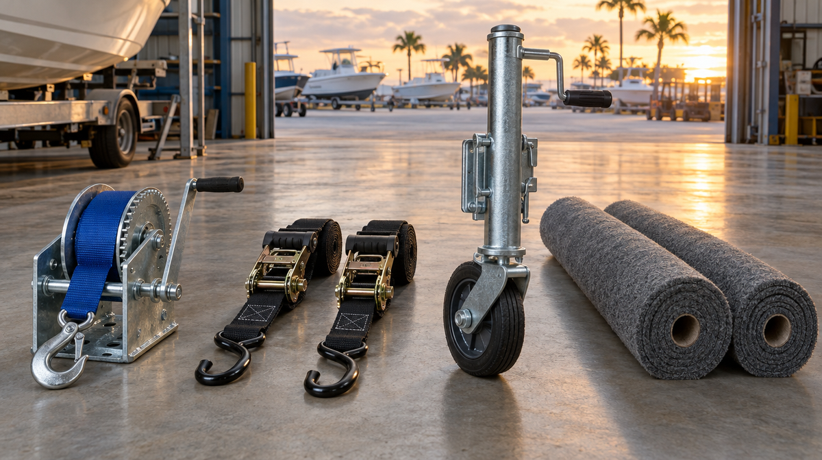 Boat trailer parts: hand crank winch with strap, transom tie-down straps, swivel tongue jack and bunk carpet