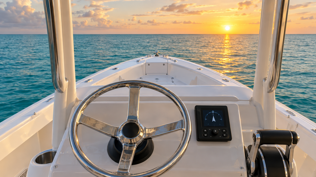 Autopilot control unit beside the steering wheel at the helm of a center console boat underway