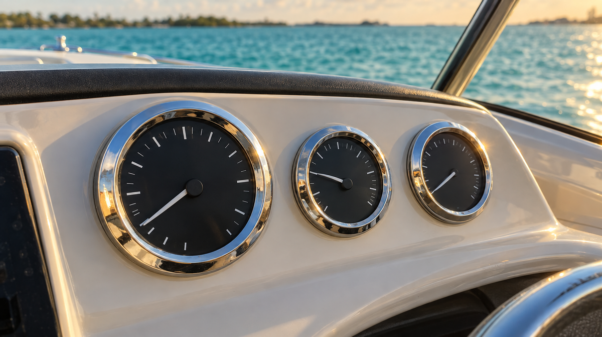Analog marine gauges with chrome bezels on a boat dash