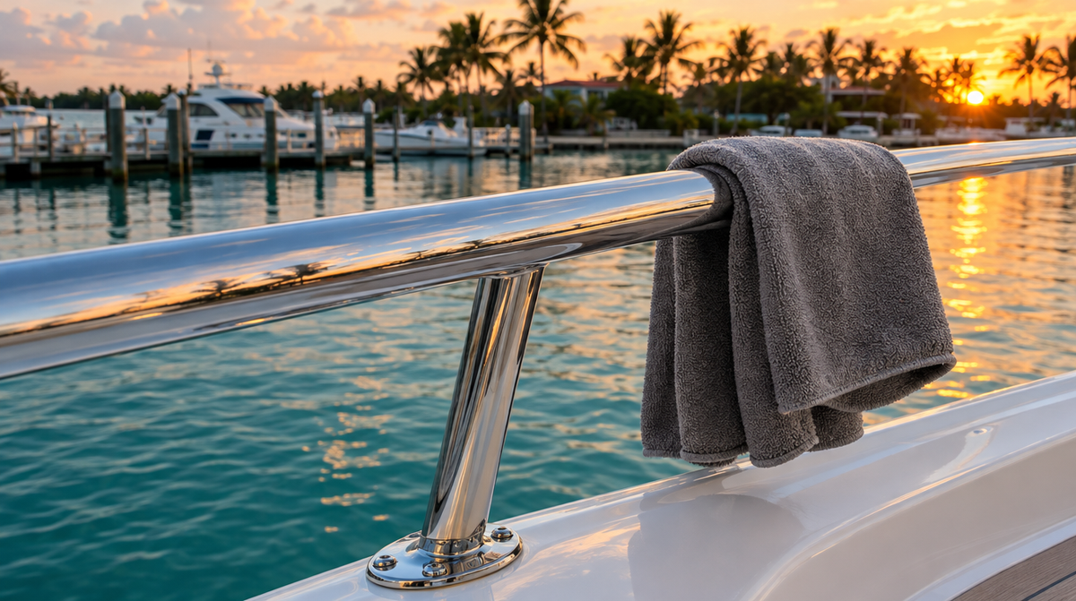 Polished stainless steel bow rail with a microfiber towel at golden hour