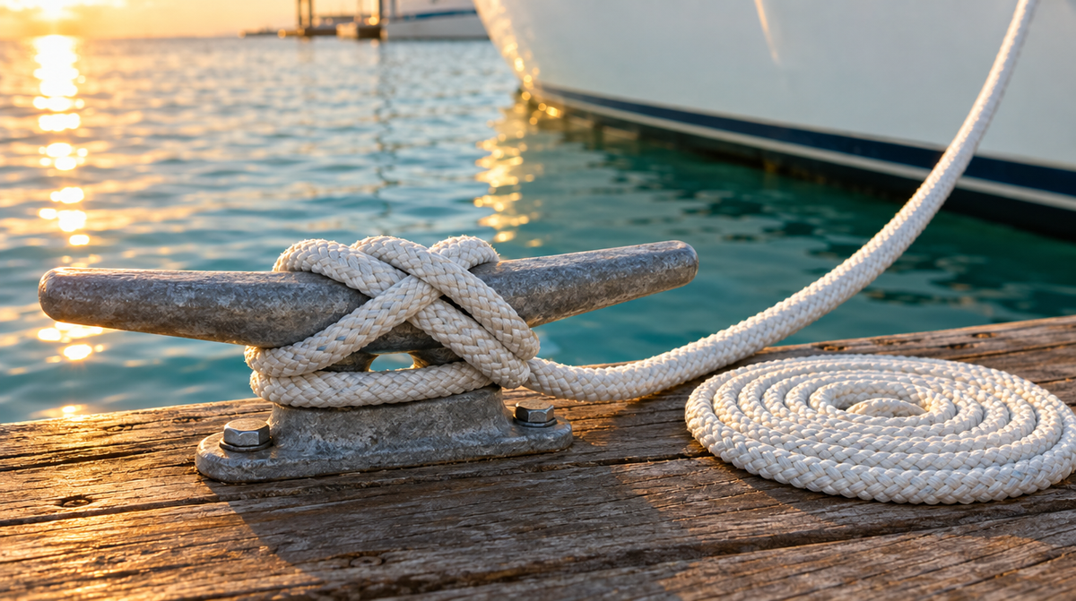 White dock line tied to a dock cleat with a proper cleat hitch and the tail neatly coiled