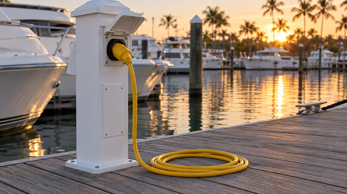 Yellow shore power cord plugged into a marina power pedestal and coiled on the dock