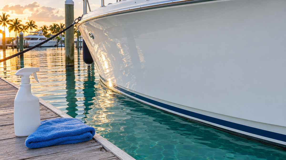 Clean white boat hull at the waterline in a marina slip with a spray bottle and microfiber towel