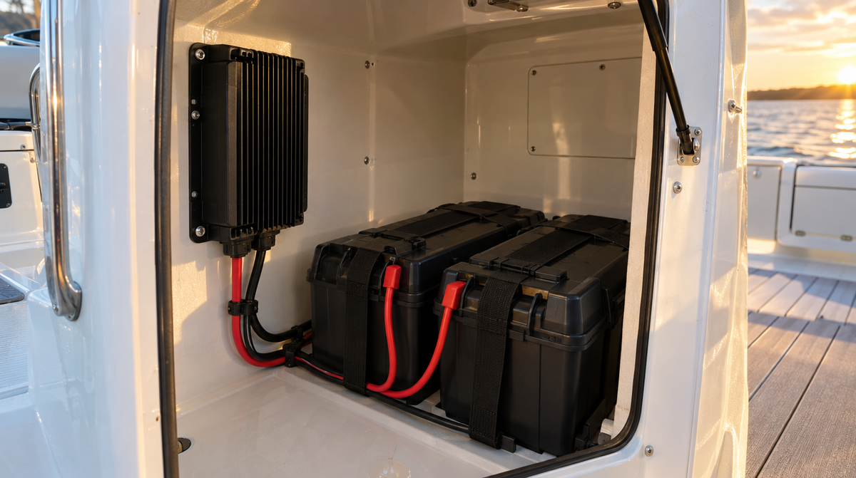 Waterproof onboard marine battery charger mounted on the console wall beside two strapped-down batteries