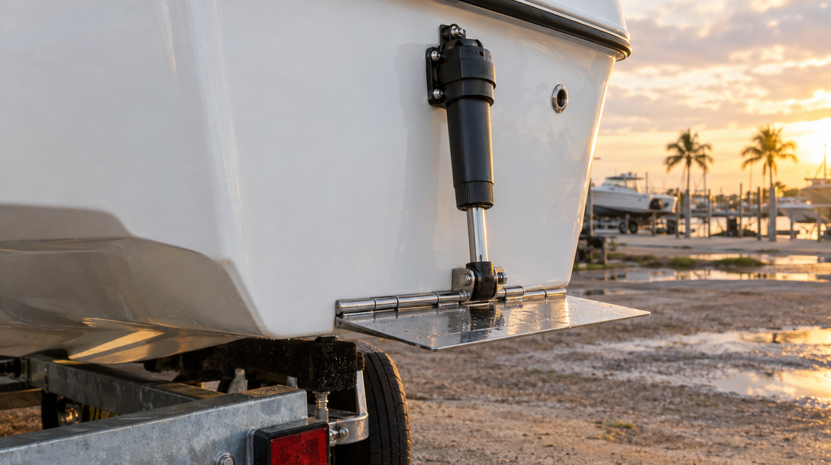 Stainless steel trim tab and actuator mounted at the bottom corner of a boat transom