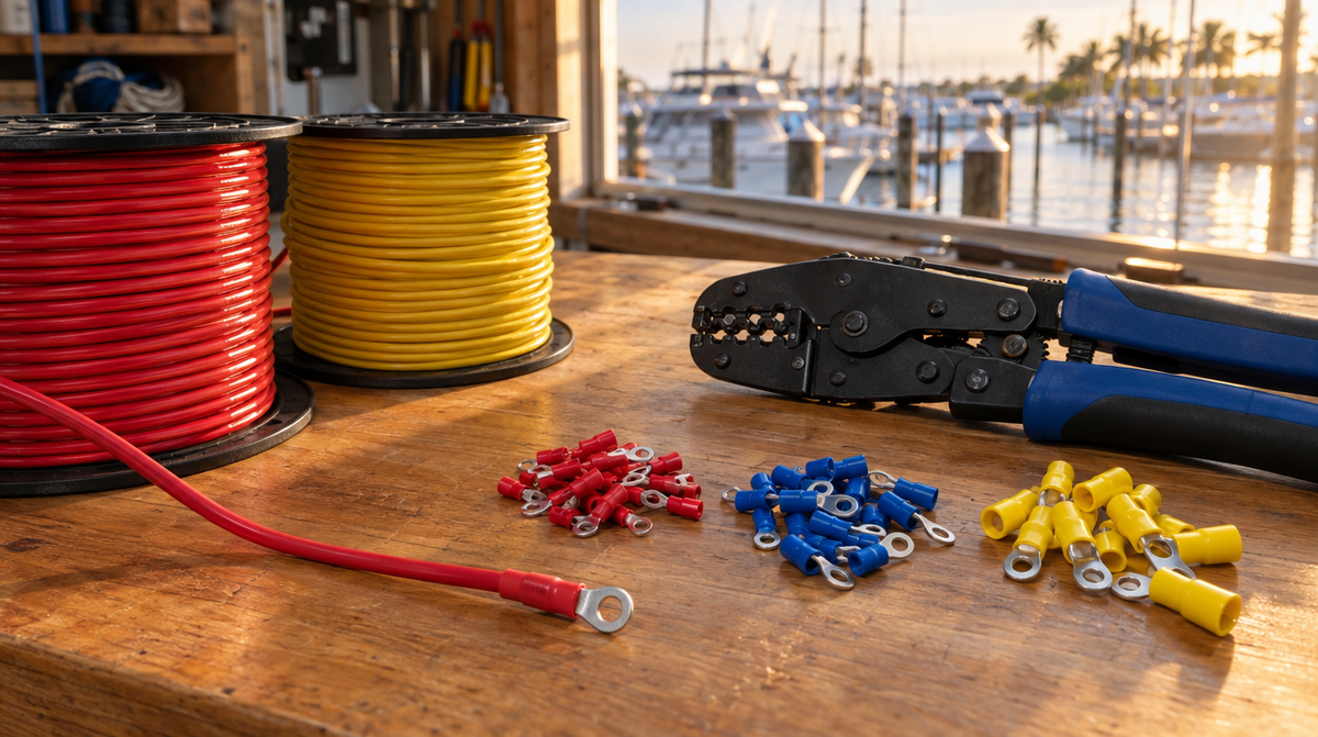 Tinned marine wire, crimping tool and red, blue and yellow heat shrink ring terminals