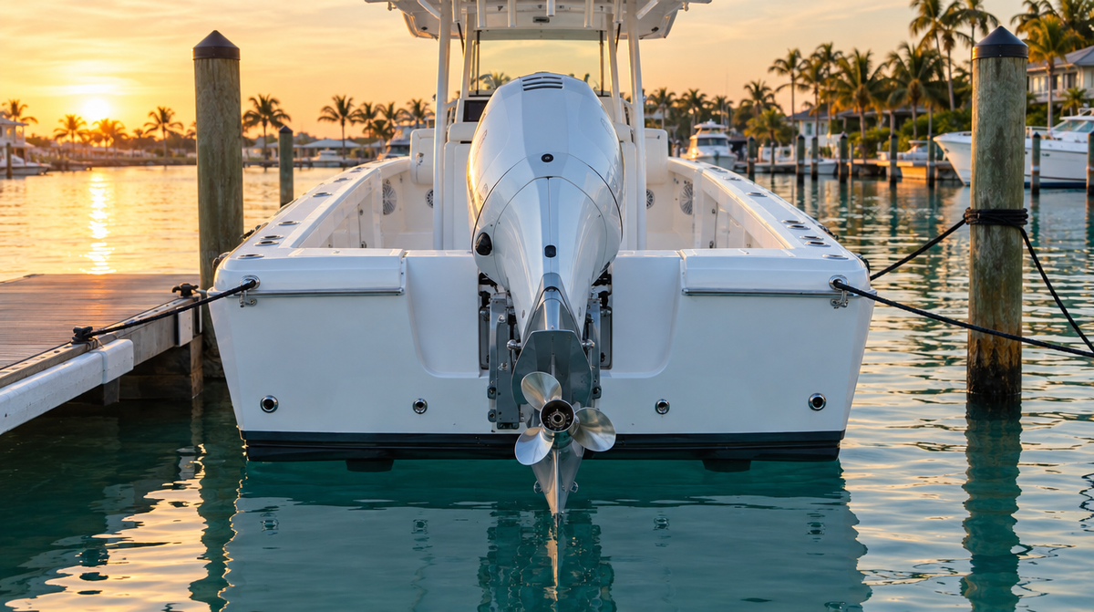 Single outboard engine tilted up on the transom of a center console boat