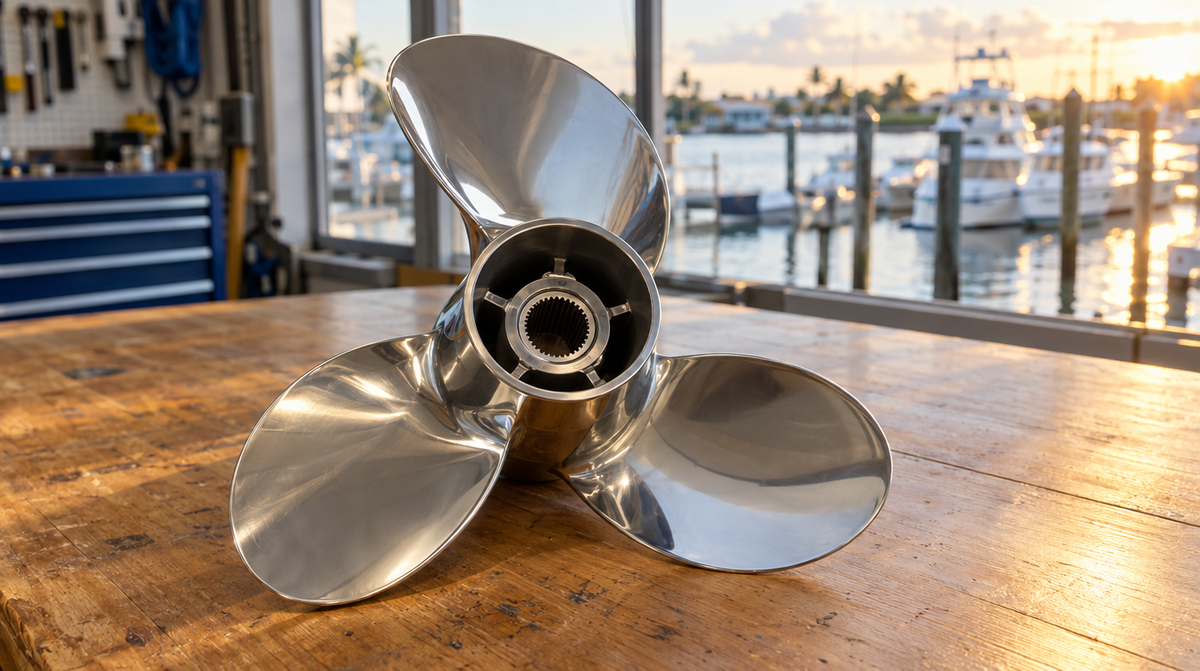 Stainless steel three-blade outboard propeller on a workbench