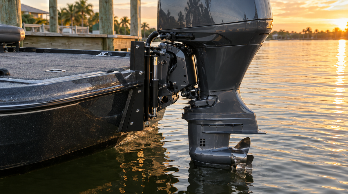 Hydraulic jack plate mounted on a bass boat transom with the outboard set back from the transom
