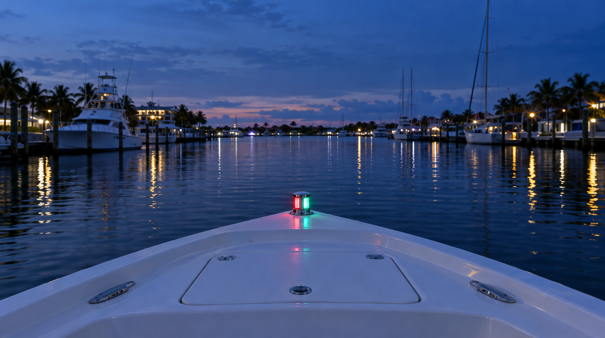 Bi-color bow navigation light glowing red to port and green to starboard at twilight