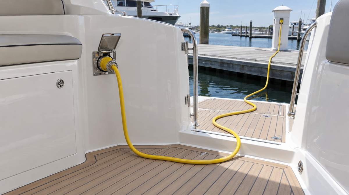 Yellow shore power cord plugged into a stainless inlet in a yacht cockpit and running to a dock pedestal