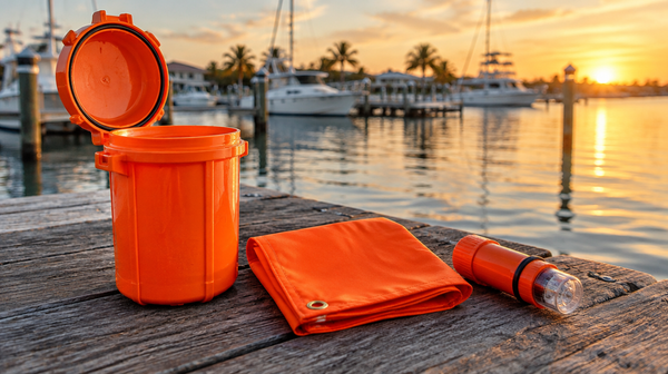 Orange signal kit with distress flag and electronic light on a dock
