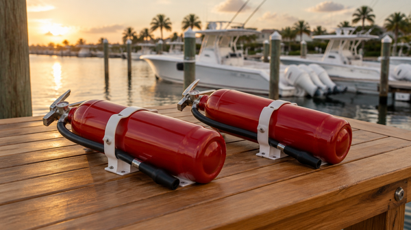 Two red marine fire extinguishers in brackets on a dock workbench