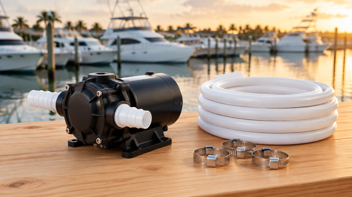 Marine macerator pump with white sanitation hose and stainless clamps on a workbench