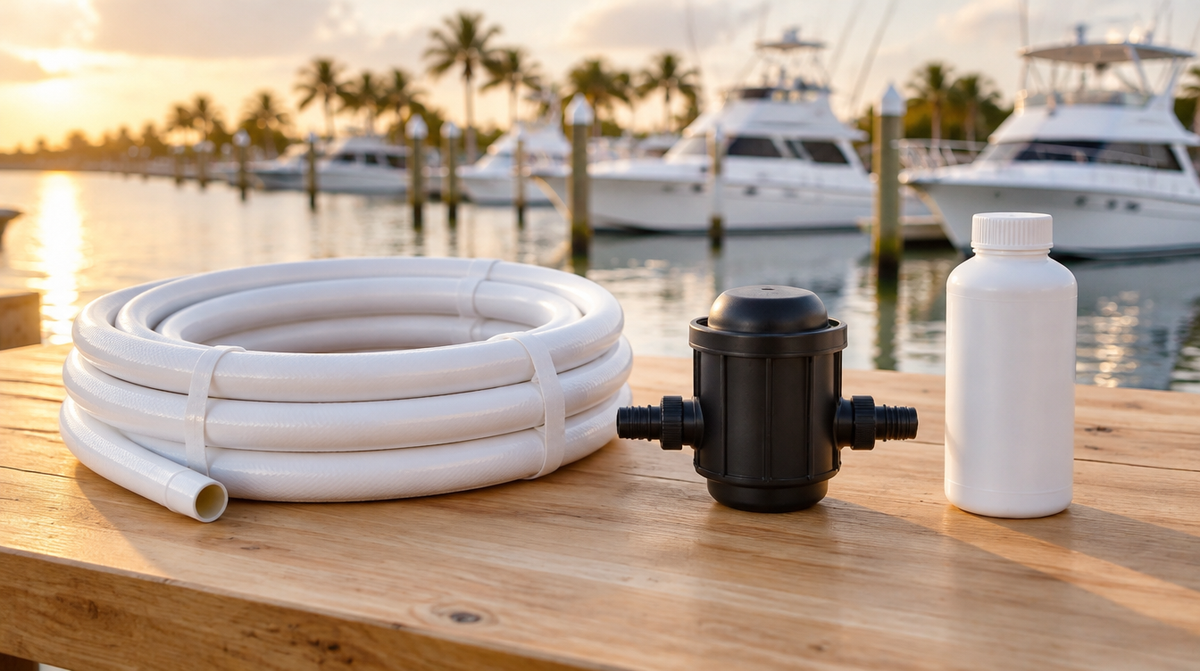 White sanitation hose, vent filter and treatment bottle on a marina workbench