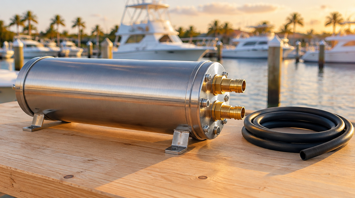 Stainless steel marine water heater on a workbench at a marina