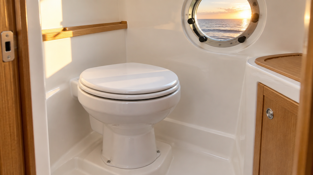 White marine toilet in a clean, bright boat head compartment